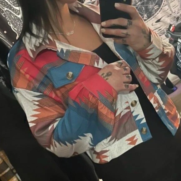 Tribal Western Print Button Down Oversized Jacket Shacket - Picture 2 of 10